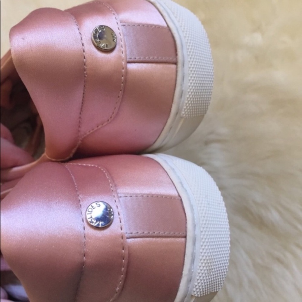 J/Slides Pink Cash Satin Faux Fur Pompom Sneakers - Picture 5 of 6